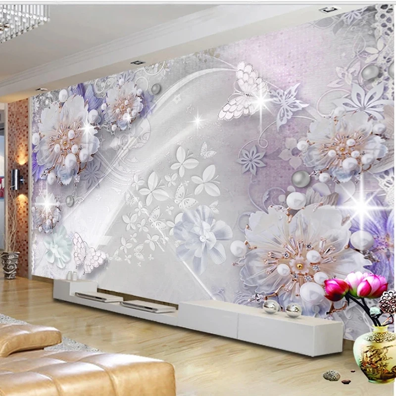 Custom Modern Creative 3D Wall Mural Wallpaper Luxury Pearl Flower Butterfly Pattern For Living Room Bedroom TV Background Decor