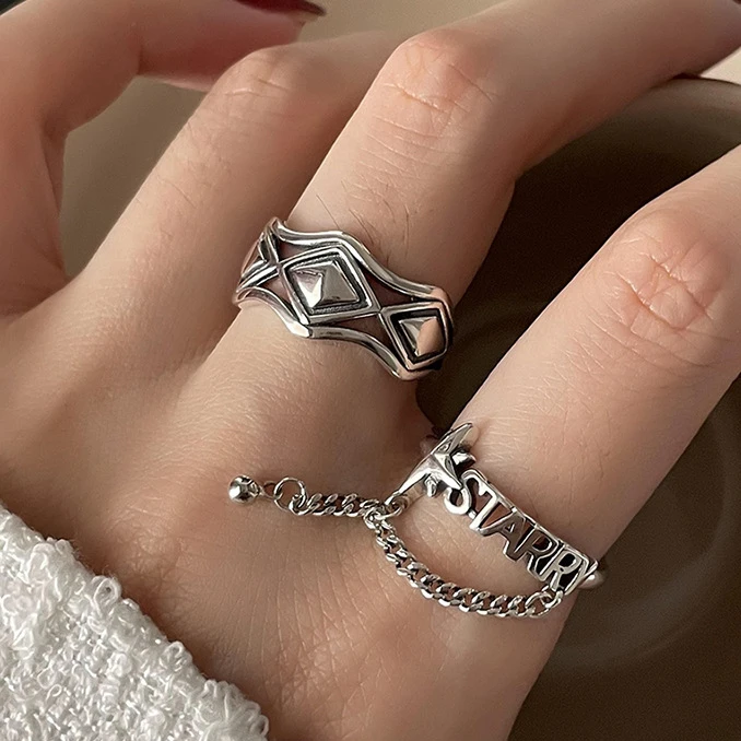 

Женское Открытое кольцо со стразами, регулируемое кольцо из стерлингового серебра 925 пробы с подвеской в виде букв, звезд, геометрических фигур, модные ювелирные украшения в стиле панк