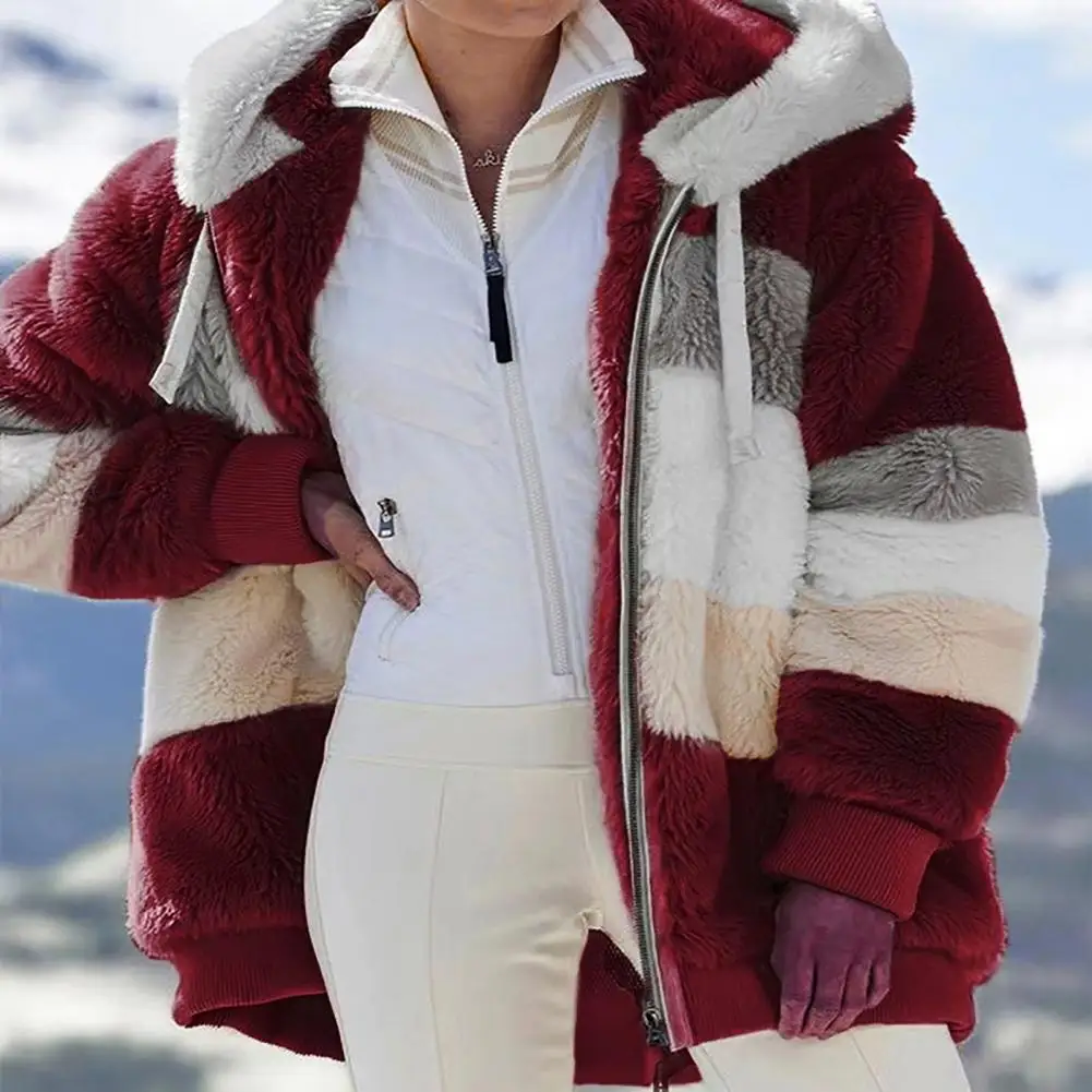 

Stylish Lady Autumn Jacket Patchwork Long Sleeves Warm with Hat Plush Lady Autumn Jacket Women Winter Coat Furry