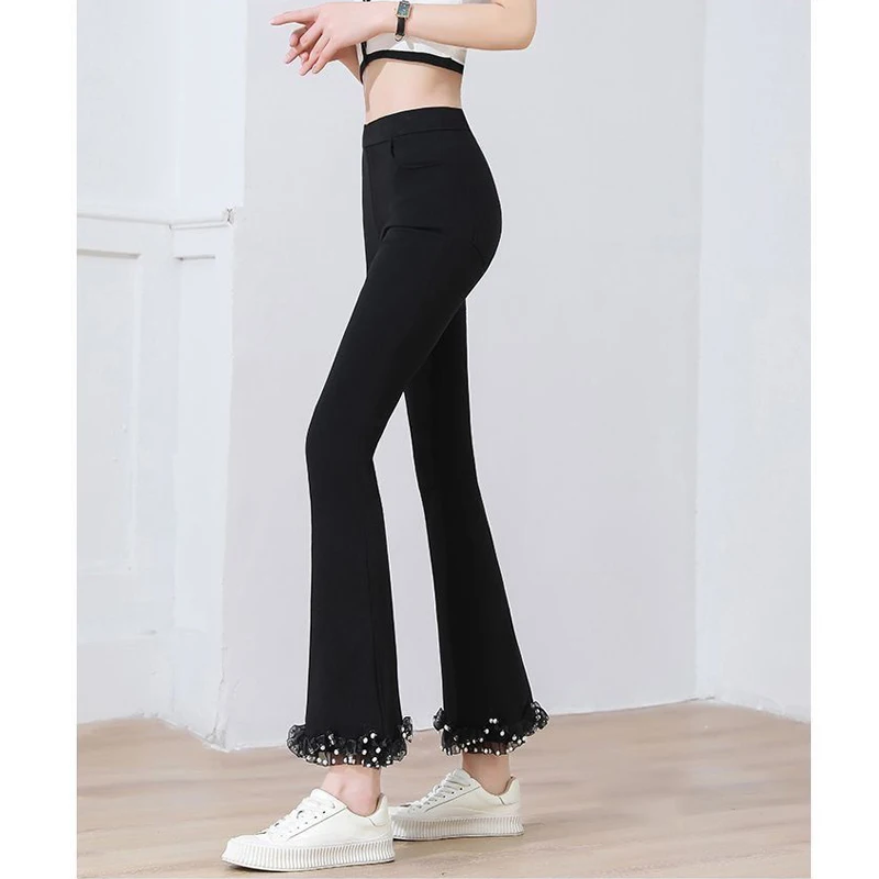 Women Clothes Korean Fashion Ruffled Mesh Patchwork Elegant Chic Flared Pants Summer Casual High Waist Trousers Slim Pantalones