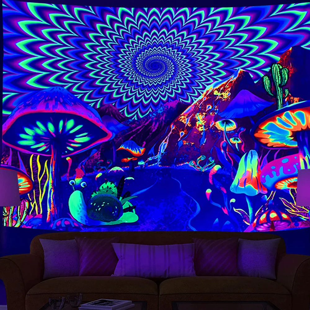 Tapestry Decor Fluorescent mandala tapestry UV psychedelic mushroom decoration home bedroom aesthetic room art decoration
