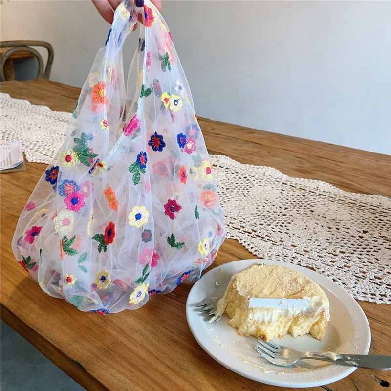 Sac fourre-tout en fil d'organza pour femme, sac à main en maille transparente, broderie de fleurs, pages à main, sac à soupe pour femme, sac à fruits, sac à main mignon pour fille