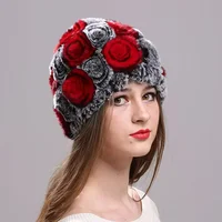 Real Rex Rabbit Fur Cap Elastic Knitted Hat for Women Floral Design Winter Woman Brand Caps Winter Accessories Fur Hat Wholesale 1