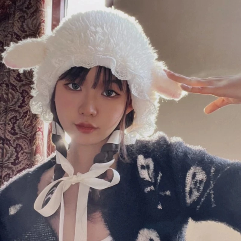 Fluffy Costume Hats Christmas Gift Warm Soft Lovely Lamb Cosplay Bucket Hat Outdoors Warm Winter fur hat winter hat wool hat