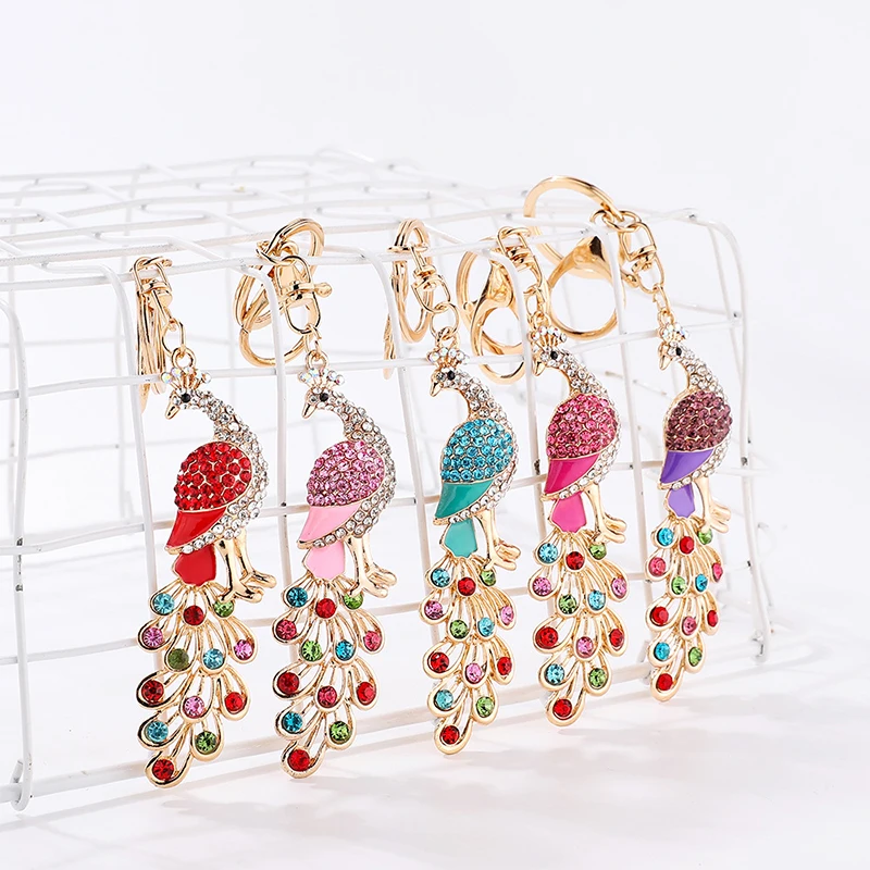 Bling Rhinestone KeyChain Elegant Colorful Peacock Keychain Peafowl Peahen Keyring Bag Pendant