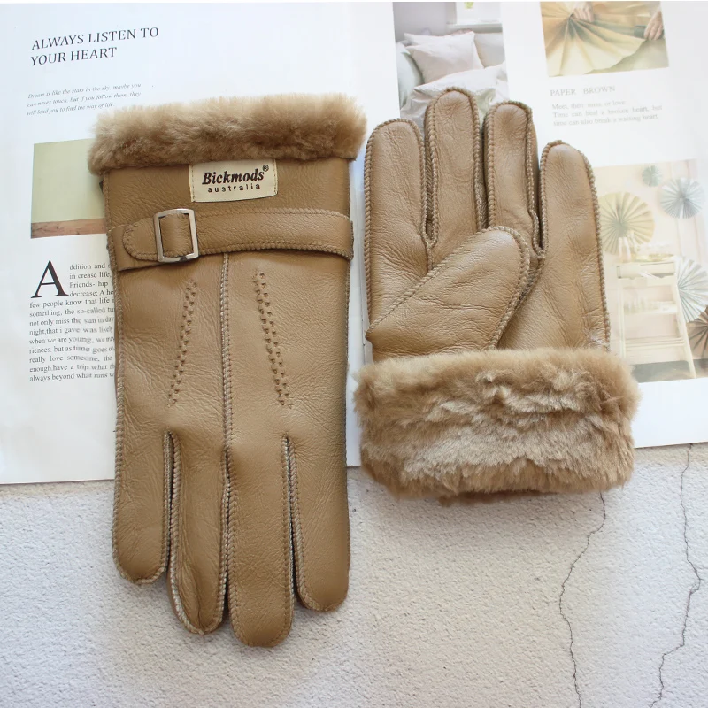 leather mittens mens New Sheepskin Fur Gloves Men's Leather Thicken Winter Warm Outdoor Windproof and Cold-proof Finger Gloves mens leather gloves for winter