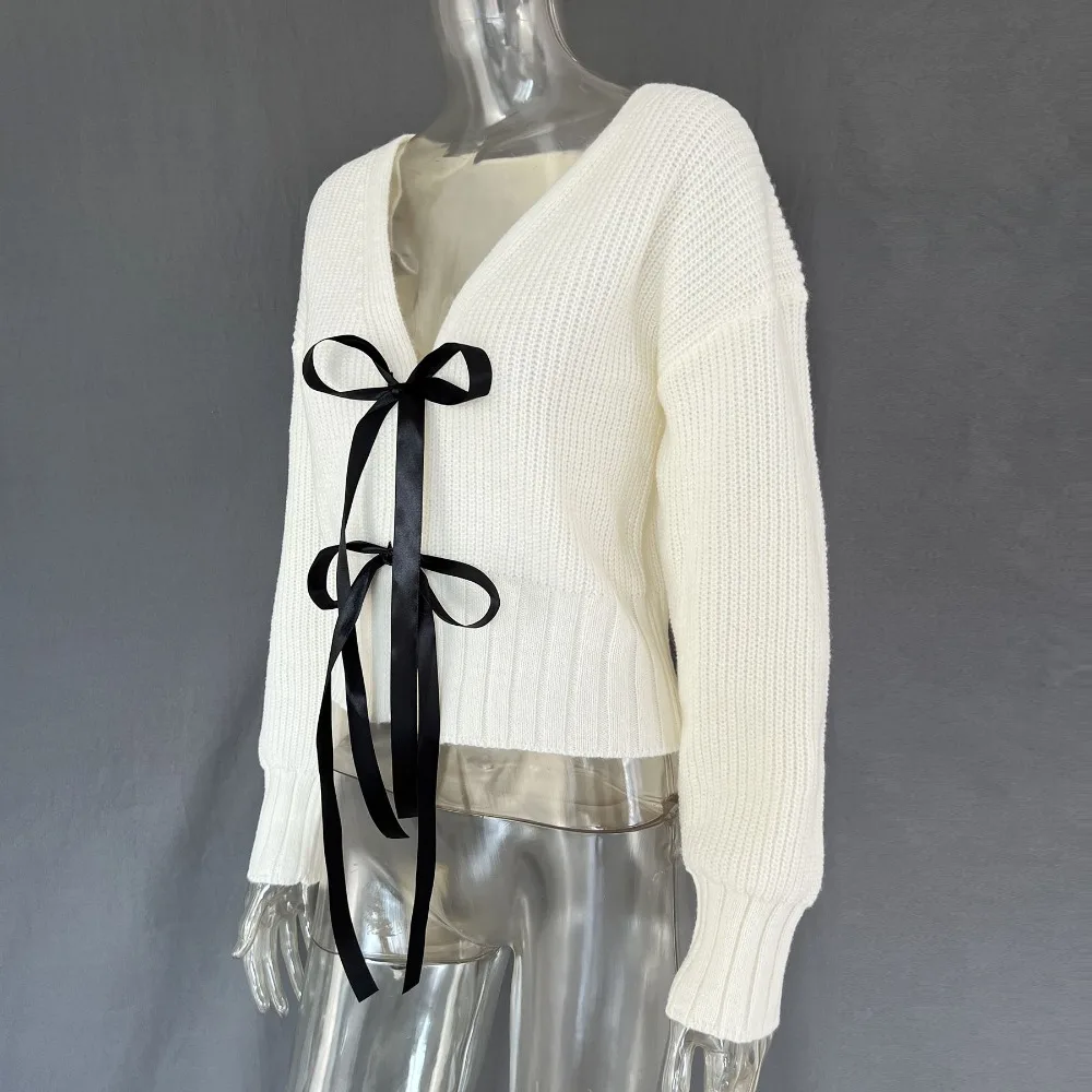 Autumn Knit Sweater Cardigan For Women Tee Bow Fashion Hollow Out Ribbed Patchwork Lace-Up Top Female Knitwear Cardigan