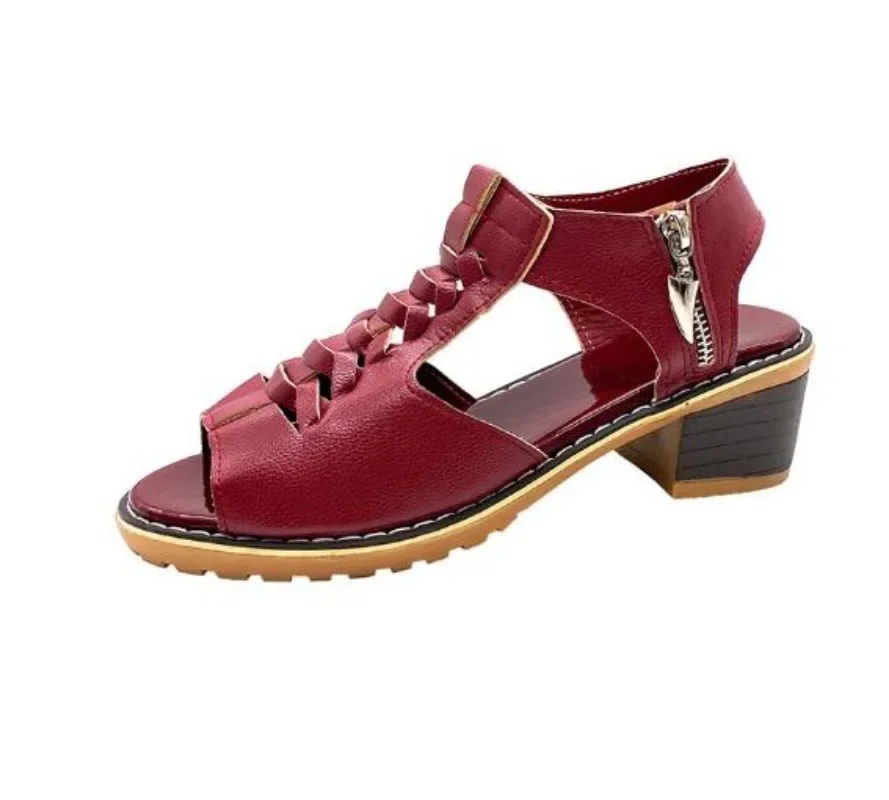 2023 New Thick Heel Round Toe Hollow Side Zipper Sandals for Women's Large Casual Roman Sandals