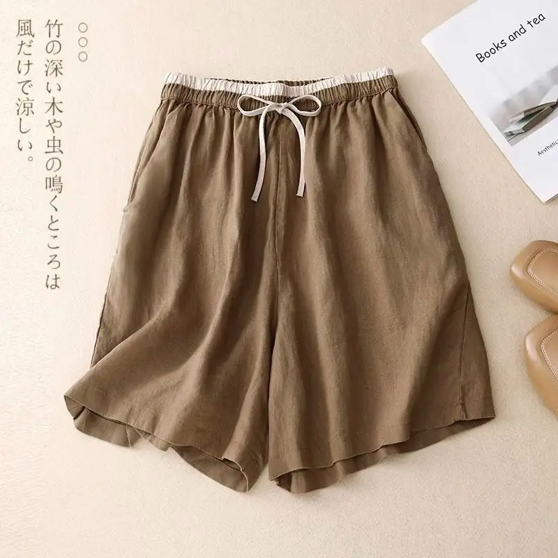 2024 Summer New Women's Spliced High Waist Elastic Drawstring Pockets Color Fashion Loose All-match Casual Knee Pants Shorts