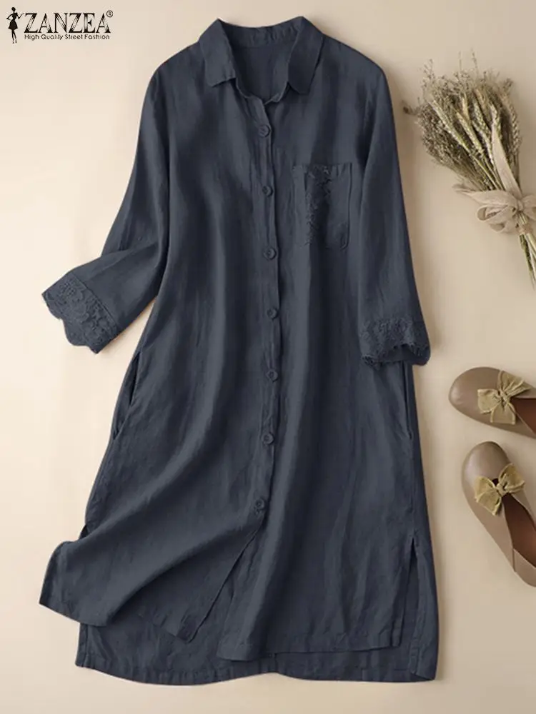 

2023 ZANZEA Woman Lace Patchwok Dress Fashion Cotton Dresses Female Elegant Buttons Vestidos Casual Lapel Long Sleeve Sundress