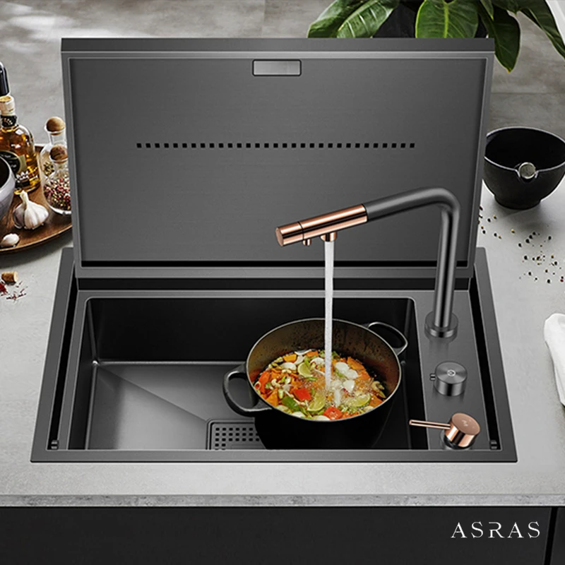 Nanometer Black Flip Cover Hidden kitchen Sink SUS 304 Stainless Steel 4mm Thickness Handmade kitchen Sinks Lifting Faucet