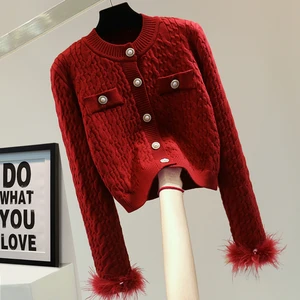 Women's Detachable Fur Long-Sleeved Sweater for Womans 2023 Autumn Winter Korean Style Slimming Short Red Twist Knitted Cardigan