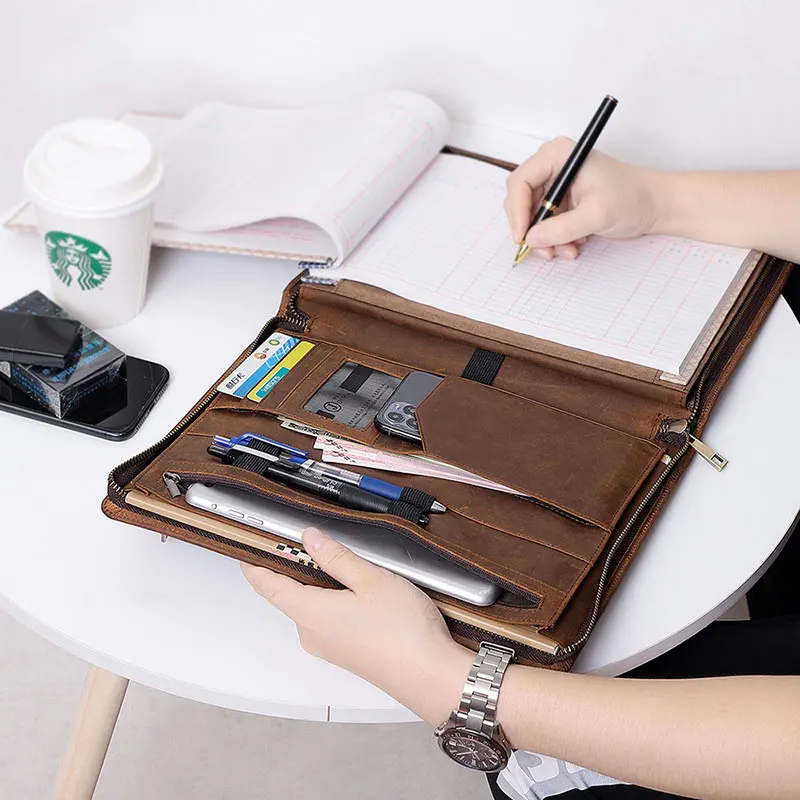 Padfolio with Zipper Genuine Leather Briefcase Portfolio Folder for Ipad Business Card Notebook Organizer File Package leather folder office padfolio