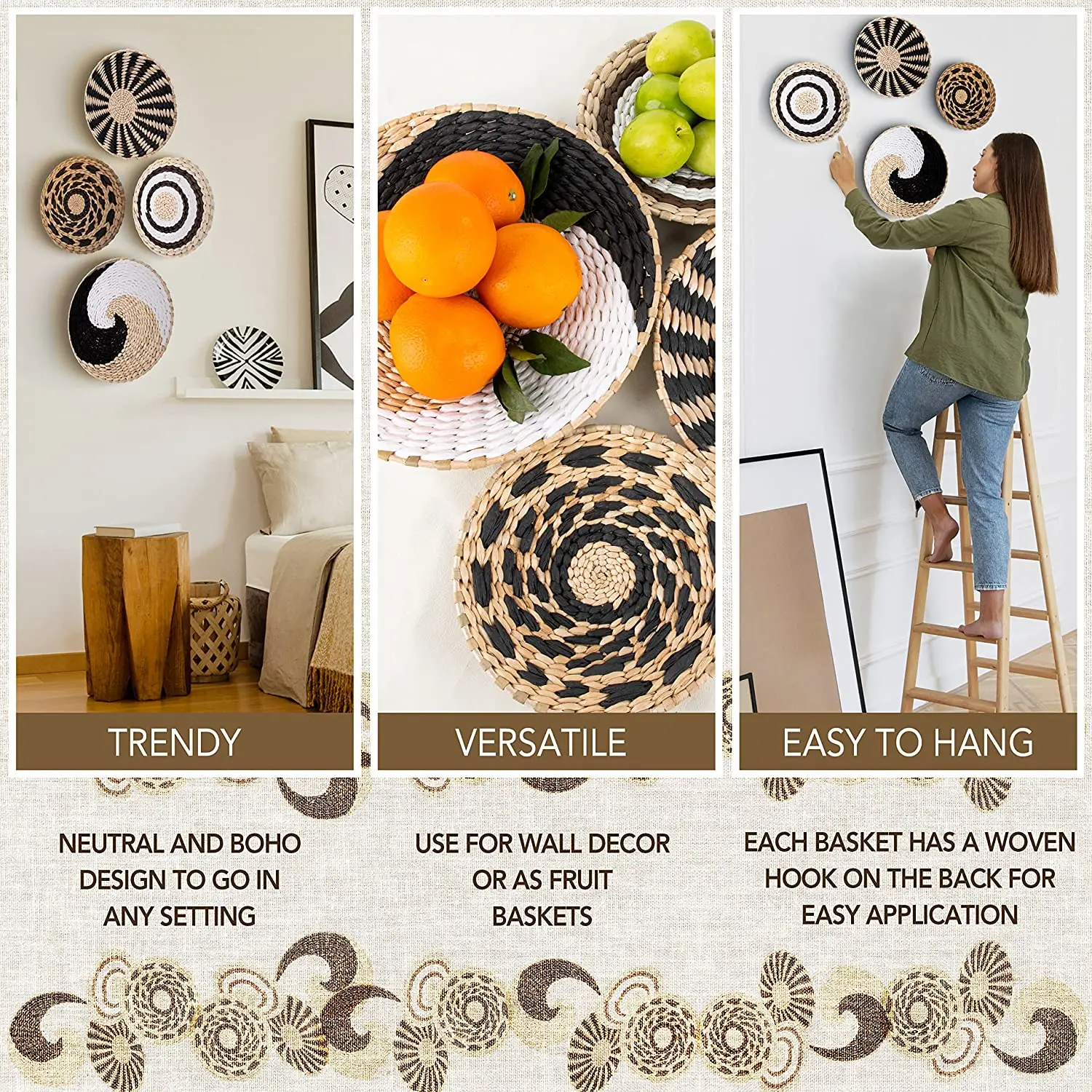 Straw Woven Wall Decoration Boho Rattan Wall Basket Decor Round Grass Weaving Ornament Rustic Seagrass Flat Hoom Hanging Crafts 5