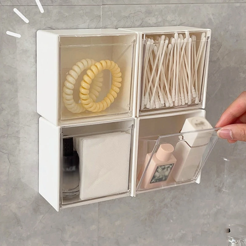 Storage Box 4pcs Plastic Wall Mounted Storage Boxes Dustproof Bathroom Organizer for Cotton Swabs Makeup Adhesive Small Jewelry Holder