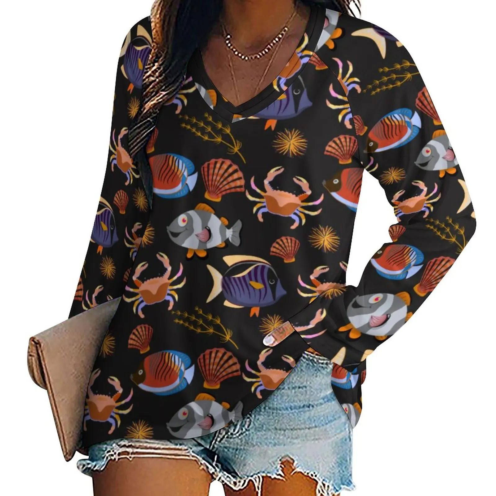 

Водная женская зимняя уличная одежда с принтом "океанская жизнь", модная футболка с длинным рукавом, футболки с графическим принтом, большие размеры 5XL 6XL