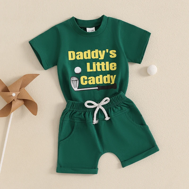 -12-16 Lioraitiin Toddler Boys Summer Outfits Letter Golf Print Short Sleeve T-Shirts Elastic Waist Shorts 2Pcs Clothes Set