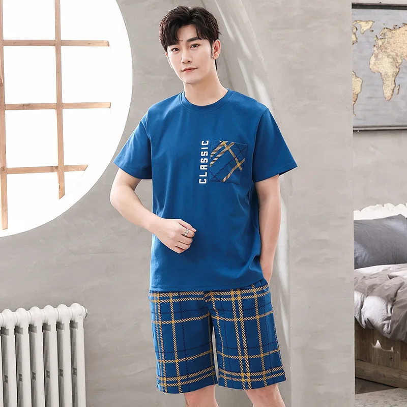 Pajamas Set Man Pajamas Set Trendyol Print Male Plaid Sleepwear Pajamas for Men Summer Cotton Thin Men's Pijama Hombre Sets Causual Comfortable pyjama homme