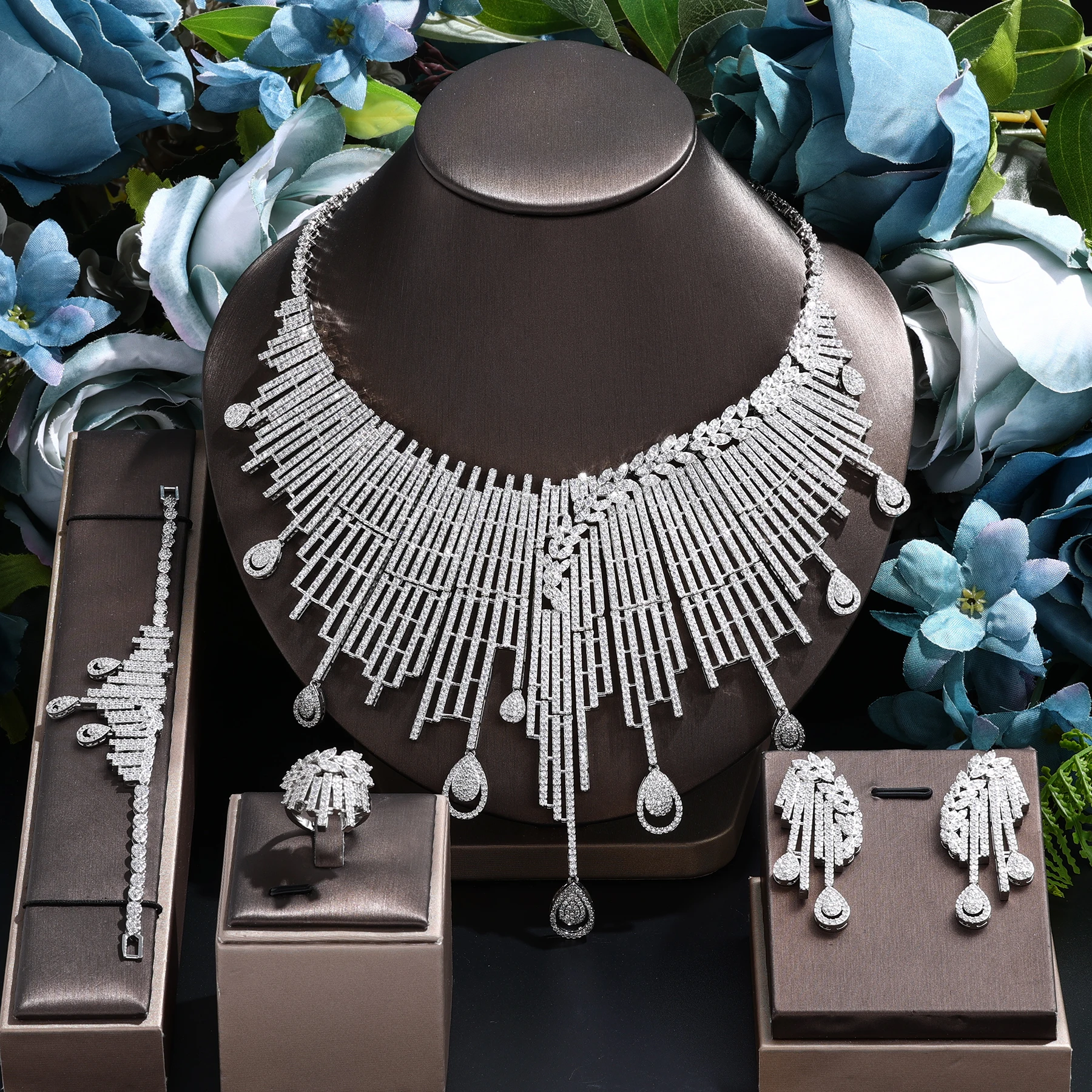 

Luxury Big 4 pcs Bridal Jewelry Set White Cubic Zirconia for Women Party Wedding Accessories Saudi Arabic Dubai