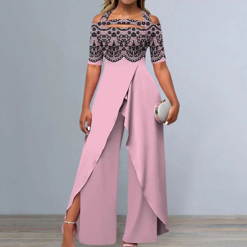 

Summer Half Sleeve Off Shoulder Print Wide Leg Rompers Elegant Office Irregular Split Jumpsuit Women High Waist Playsuit Overall
