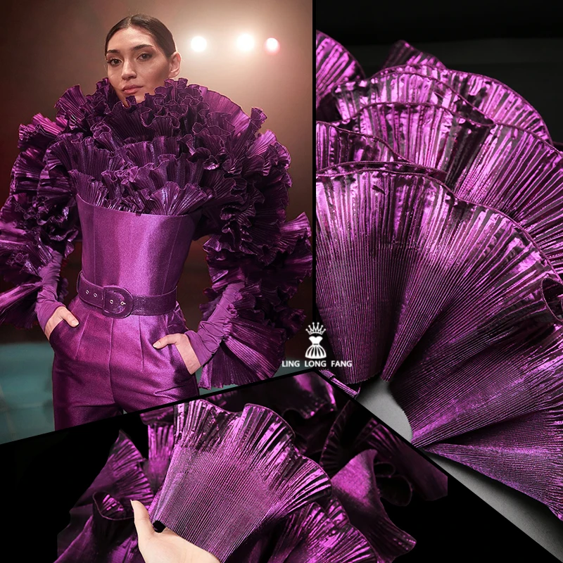 

3 Yards Metallic Luster Big Wave Lace Fabric Pleated Ruffles Dress Shape Stage Decoration Fashion Accessories Designer Fabric