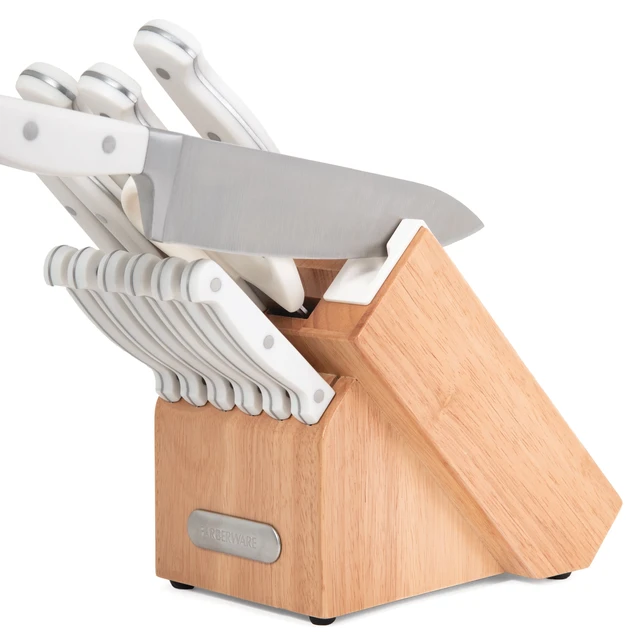 Farberware Triple Riveted Knife Block Set, 15-Piece, White and Gold