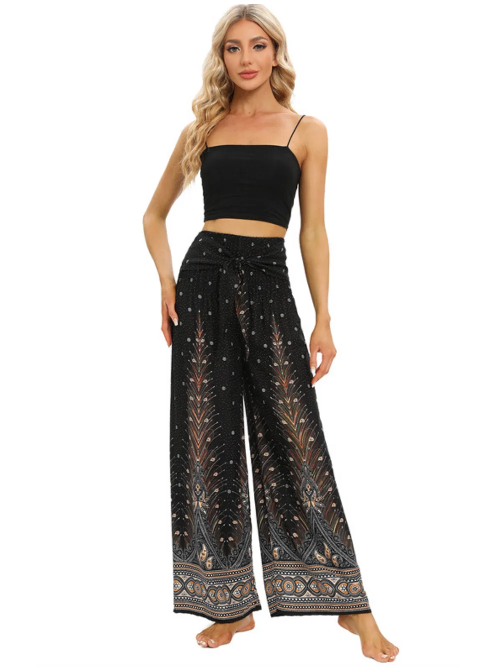 Weites Bein Yoga Boho Palazzo Hose Hose mit Taschen Haremshose Overall Hippie Kleidung Böhmen – Detail 2
