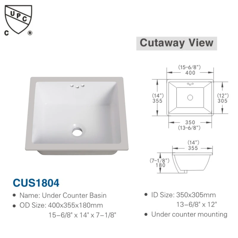 1pc 14 Inch Small Rectangle White Undermount Bathroom Sink, 13.78 x 12-inches Vanity Under Counter Lavatory Porcelain Ceramic Ba 6