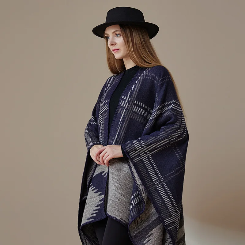 

Checker Knitted Shawl Women Warm Autumn Winter Reversible Cloak Geometric Pattern Poncho Lady Capes Cloaks