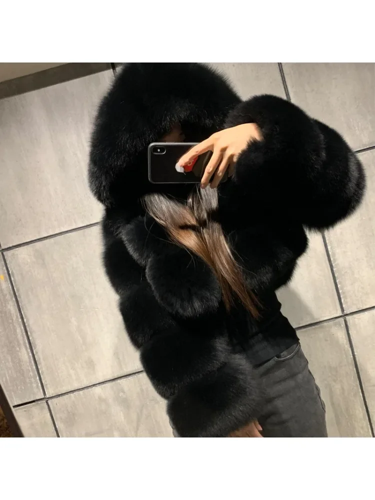 Imitation Fox Fur Stitching Hooded Short Long-Sleeved Fur Coat Women's Clothing 2023 Winter Fashion Solid Color Faux Fur Female