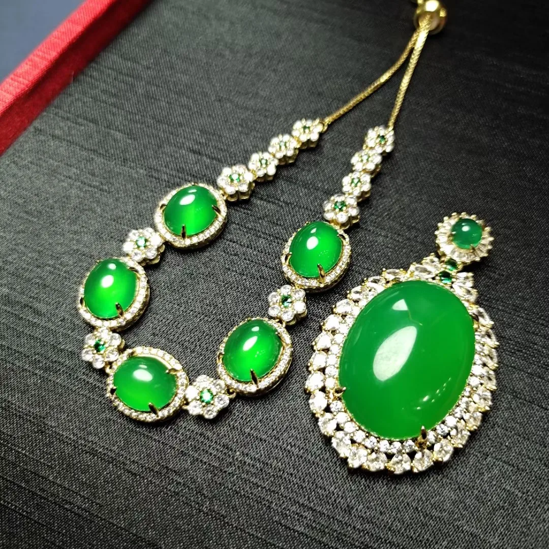 

Natural Green Jades Bracelet Necklace Jewelry Set Women Fine Jewelry Genuine Myanmar Jadeite Emerald Zircon Jade Jewelries Set