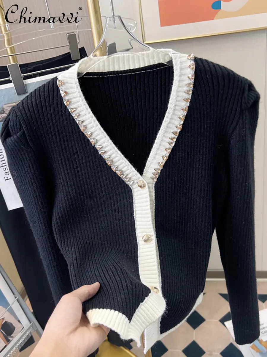 

Autumn New High-Grade Slim-Fit Diamond Contrast Color Puff Sleeve V-neck Sweater Slim-Fit Graceful Long Sleeve Knitted Cardigan