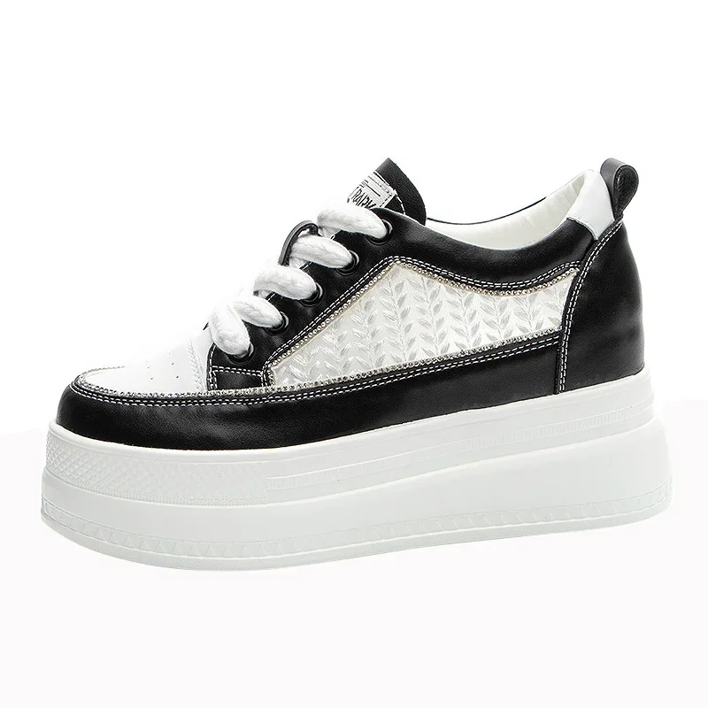 

8cm Air Mesh Cow Genuine Leather Hidden Heels Women Platform Chunky Sneakers High Brand Shoes Vulcanize Summer Breathable