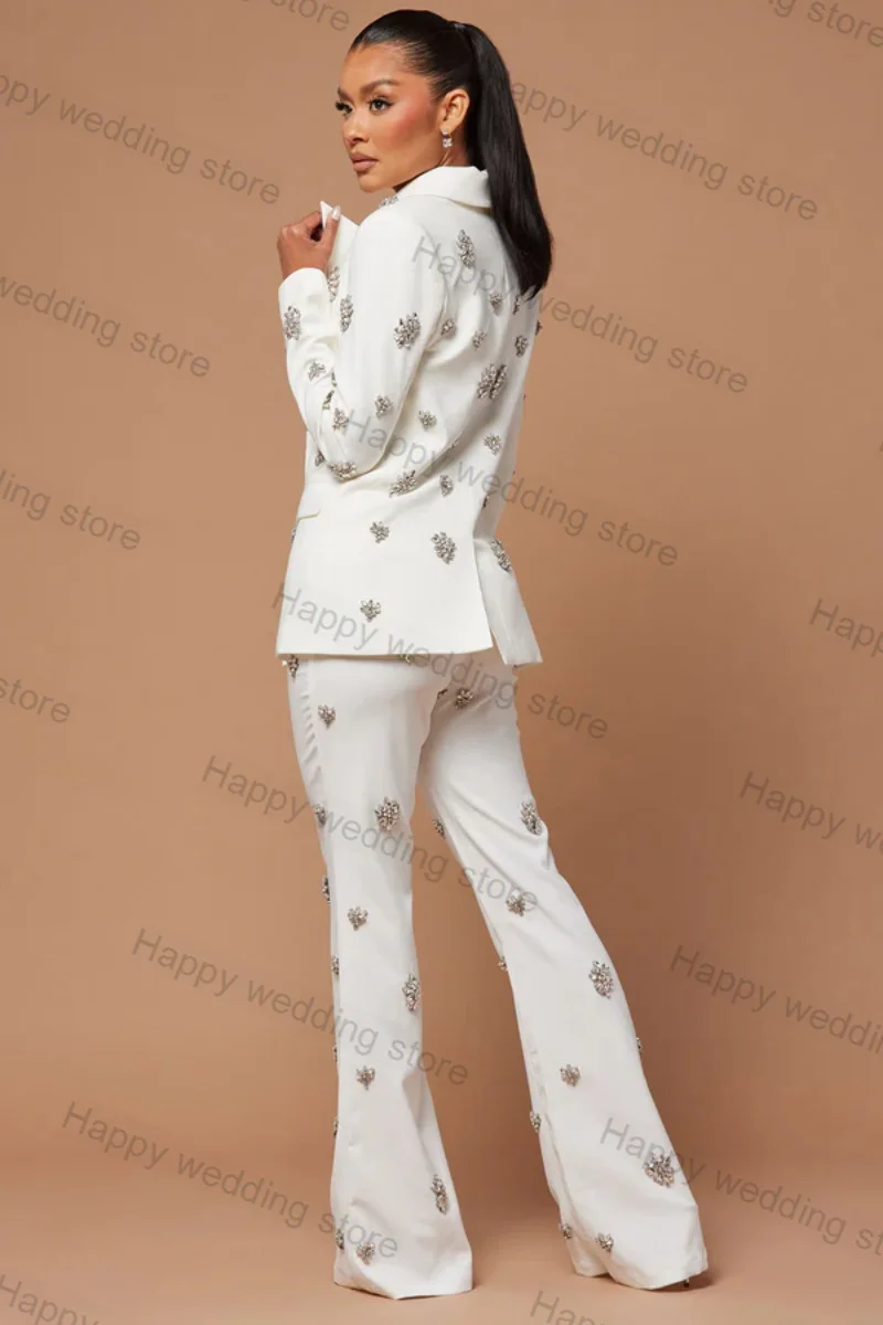 White Crystals Formal Women Suit Pants Set 2 Piece Blazer+Trousers Business Office Lady Cotton Coat Jacket Outfit