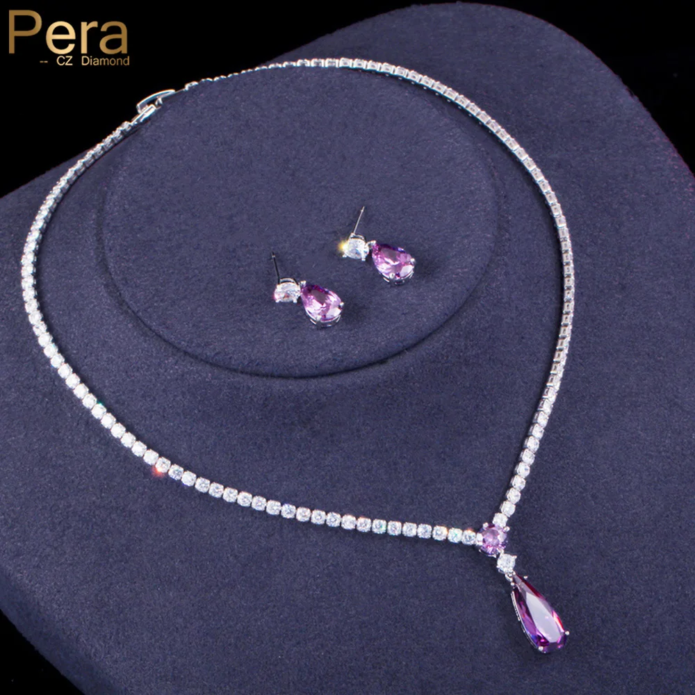 Pera Trendy Mystic Purple CZ Crystal Water Drop Pendant Necklace