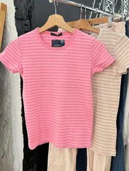 Rose Striped Slim T-shirt Women Casual Chic O-Neck Cotton Short Sleeve Tee Shirts Female Sweet Cute Preppy Style Y2K Tshirts New 1
