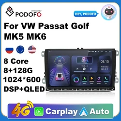 Podofo 2 Din Android 11 Car Radio 9'' GPS With Carplay For VW/Volkswagen Passat Golf MK5 MK6 Jetta EOS POLO Touran Seat Sharan
