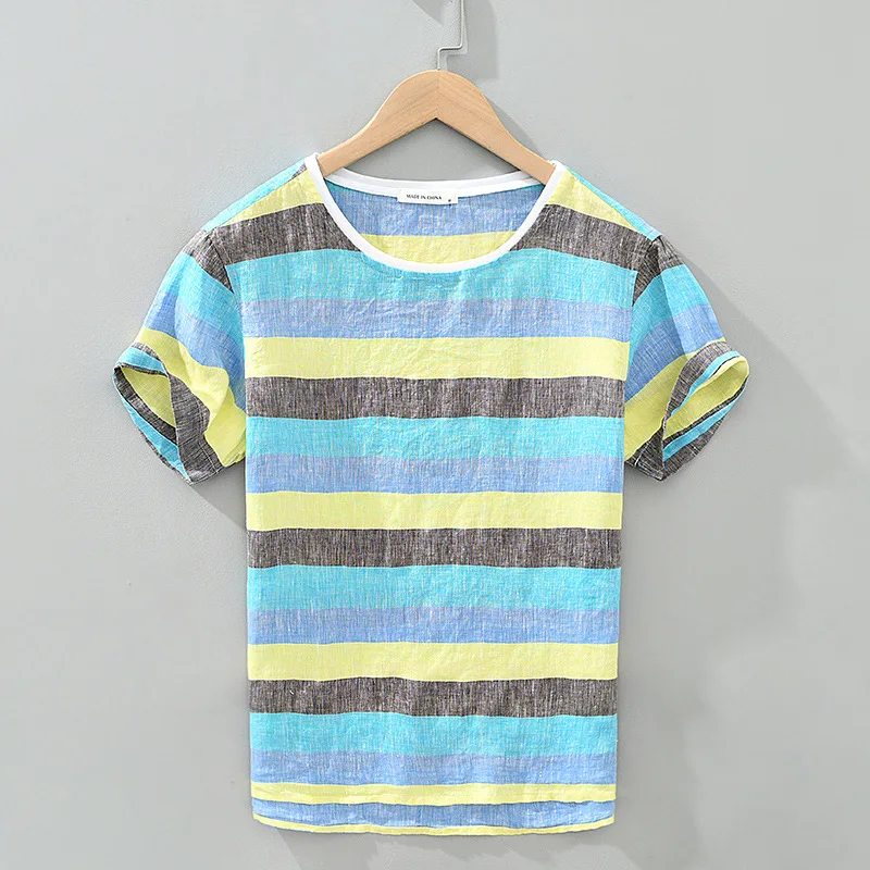 

Men's Stripe T-shirt Summer Fashion High Quality 100% Linen Yarn-Dye Breathable Fresh Japan Chic Casual Loose Daily Pullover Tee