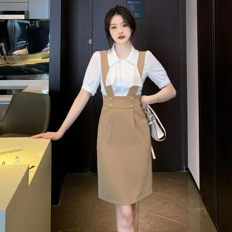 simple shirts women spring 3 colors s 3xl elegant design clothing tops office lady all match solid temperament ins new arrival 2023 Summer New Arrival Korean Fashion Style Temperament Shirt Commuter Versatile Slim Fit Strap Dress Two Piece Set For Women