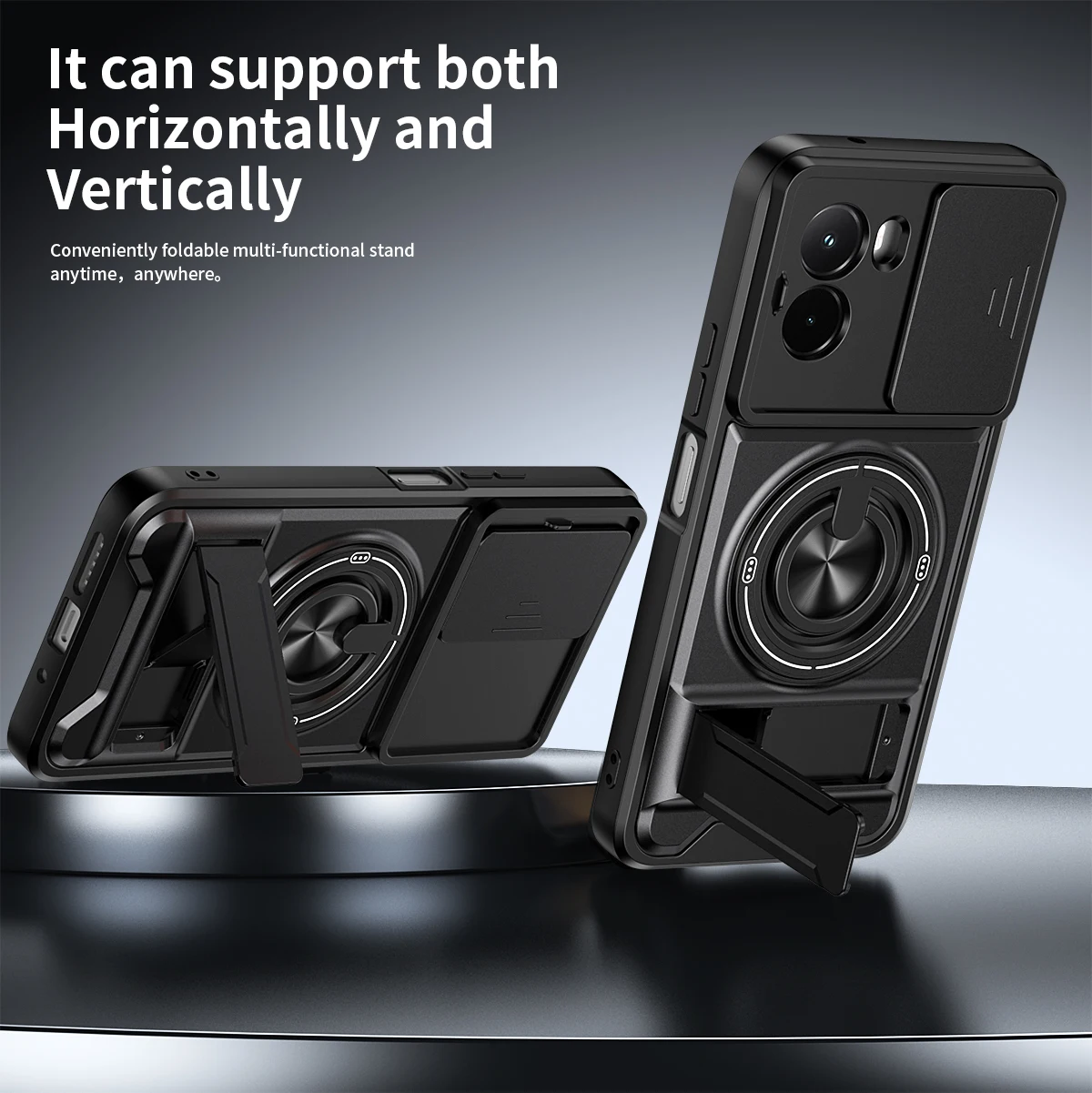 Magnetic Ring Car Mount Phone Case with Sliding Lens Cover and Dual Bracket Design