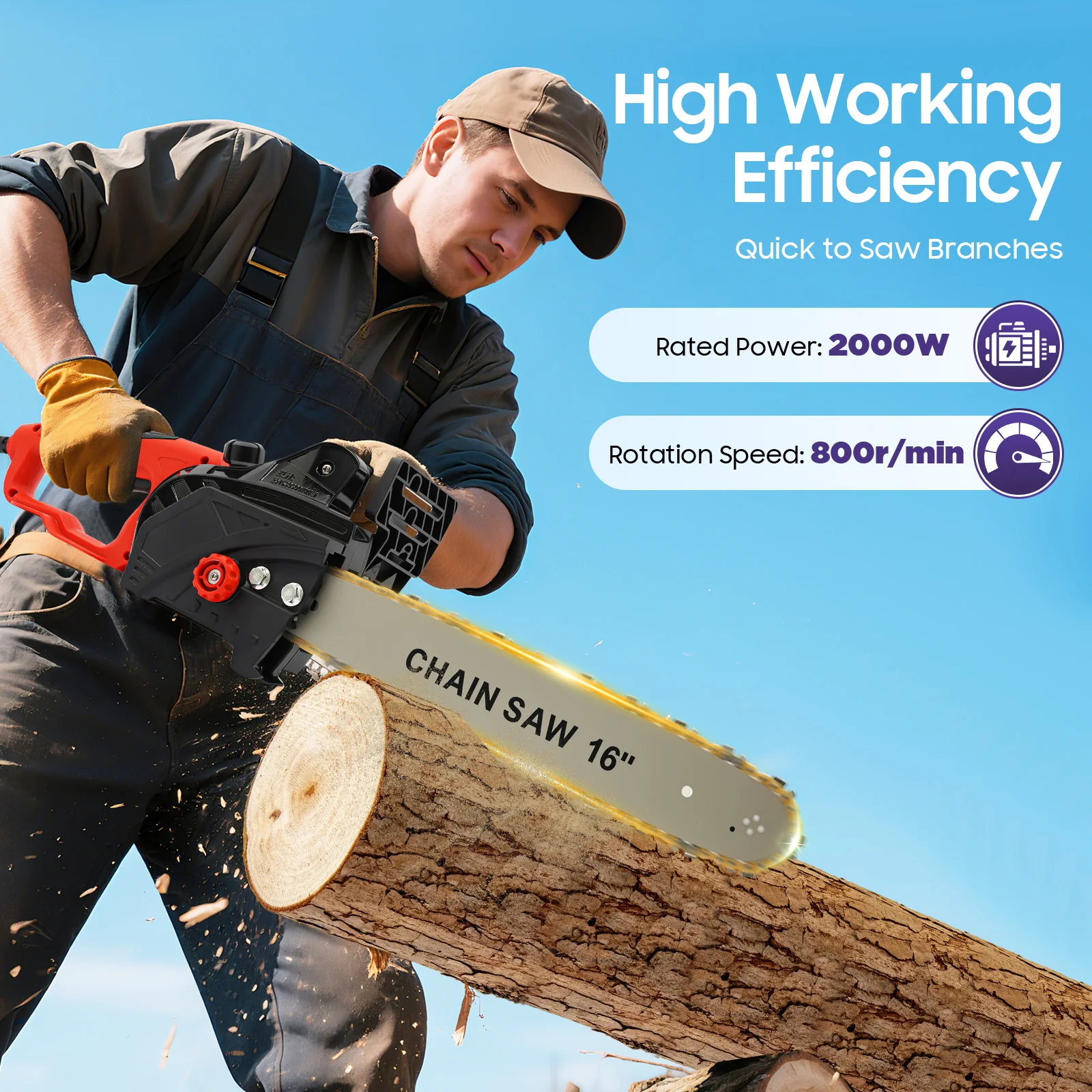2000 W elektrische Kettensäge, 16-Zoll-Führungsplatte, werkzeuglose Ketteneinstellung, hohe Sicherheit zum Schneiden von Holz/Holz – Detail 1