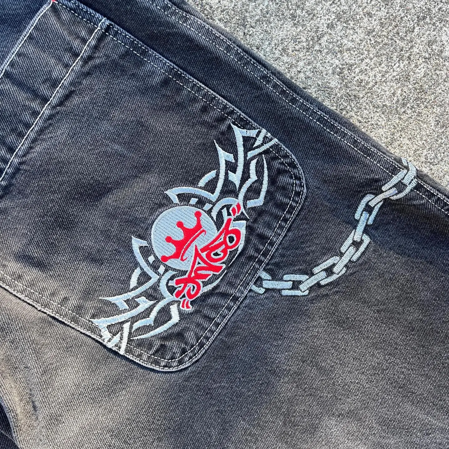 JNCO New Jeans Harajuku Retro Hip Hop Letter Embroidery Baggy Jeans Black Denim Pants Men Street Gothic Wide Trousers Streetwear