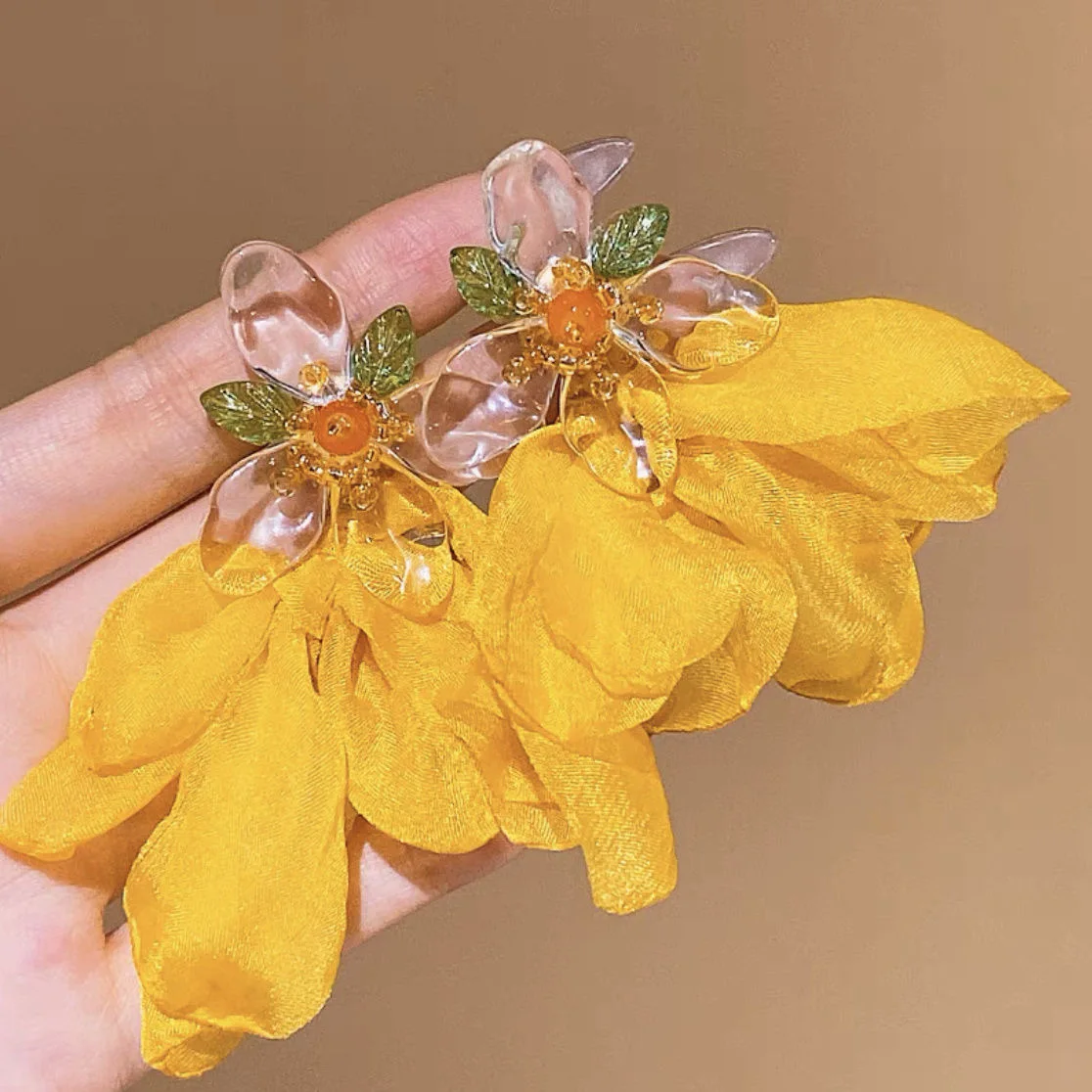 Ladies Korean style earrings yellow chiffon flower earrings, designer environmentally friendly retro summer vacation earrings