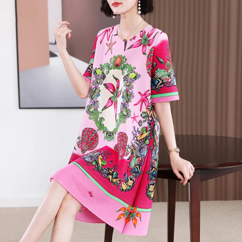 

Dress For Women 45-75kg Summer Loose Miyake Pleated Fashion Printed Round Neck Half Sleeve Middle-age Mother Dresses Knee Length