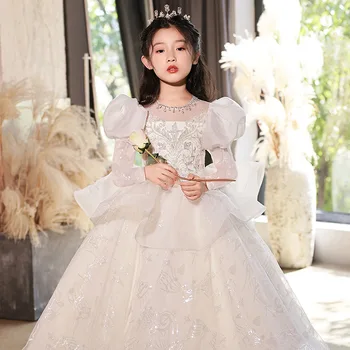 Sequins Girls Dress for Party Wedding White Long Sleeve Dress Formal Children Retro Princess Pageant Gown Kids Dresses for Girls 1