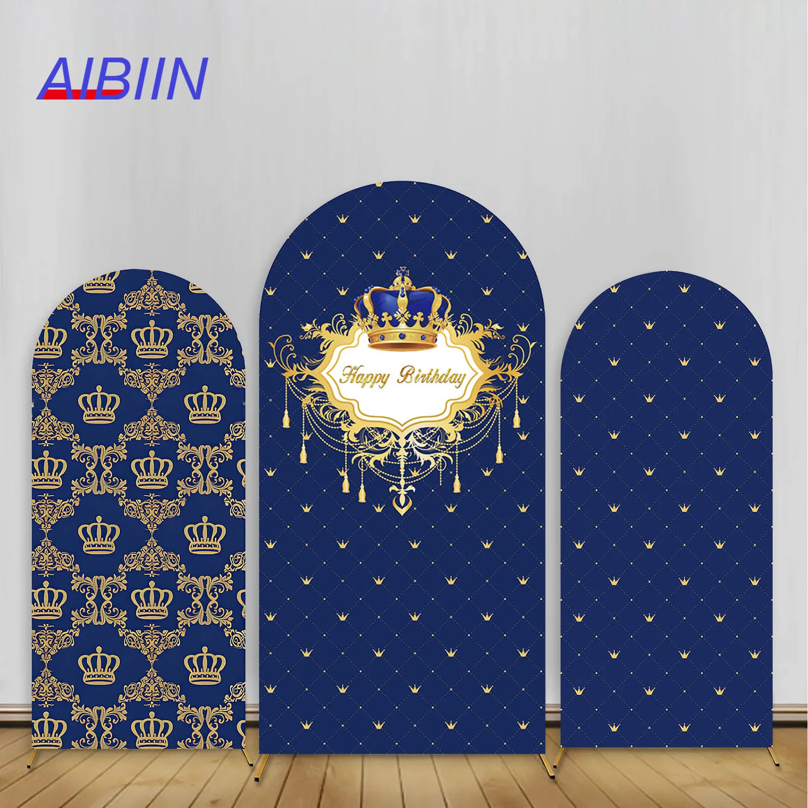 Royal Dark Blue Arch Backdrop Cover Boy Princes First Happy Birthday Party Decor Crown Baby Shower Photozone Elastic Background