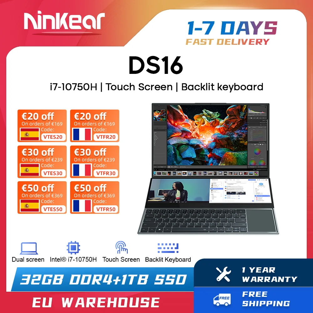 Laptop Ninkear Laptop Da 16 Pollici Intel Core I7-10750 Ips Full Hd 32Gb Ram + 1Tb Ssd Gaming Laptop Con Touchscreen Windows 11 Notebook