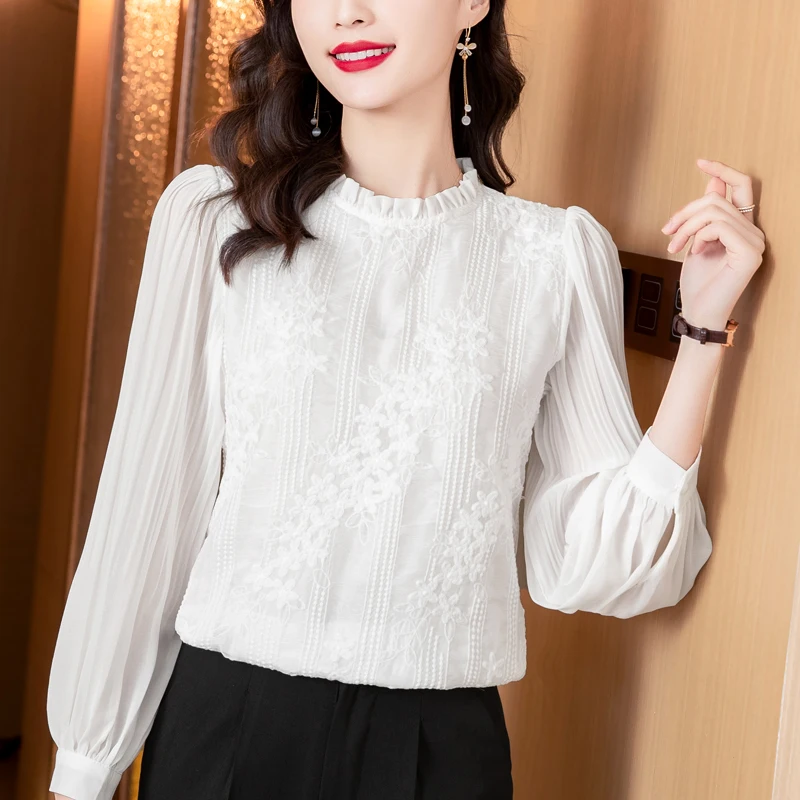 긴 소매 블라우스 여성 화이트 레이스 쉬폰 블라우스 셔츠 탑 여성 Blusas Mujer De Moda 2024 블라우스 셔츠 Blusa Camisas E159
