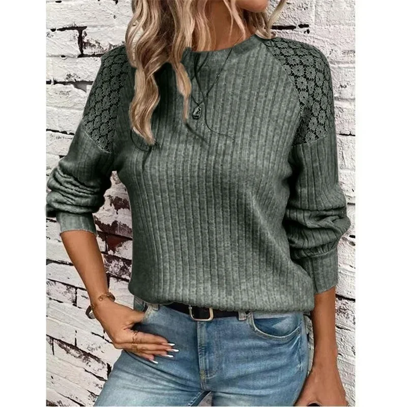 Fashion Lace Spliced Shoulder Women Sweatshirt Solid Color Pit-stripe O Neck Hoodie Female Autumn Winter Comfortable Casual Tops