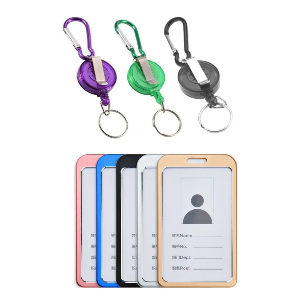

Retractable Plastic ID Badge Holder Body And Steel Cord Carabiner Key Ring Metal Keychain With Belt Clip Credential Holder